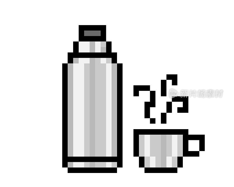 金属保温瓶与一杯热饮，像素艺术图标孤立在白色背景。旅游饮料容器符号。8位老学校复古老虎机/视频游戏图形。